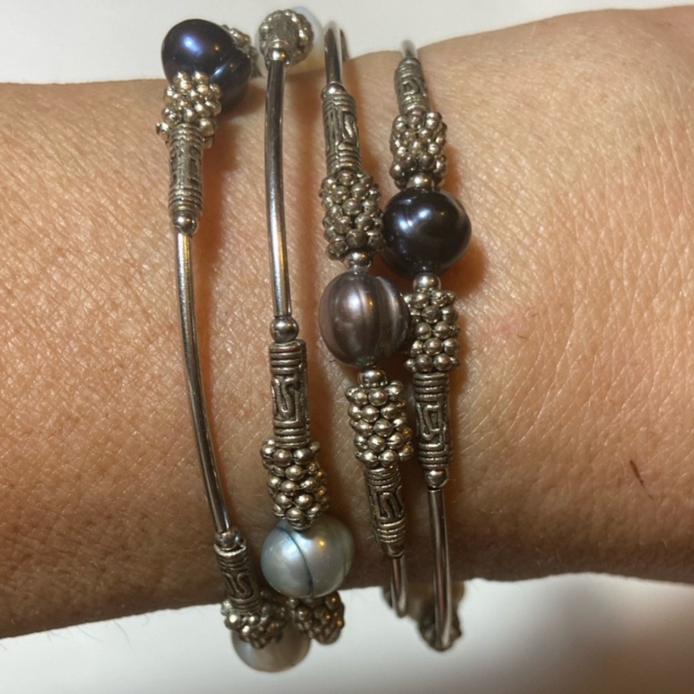 Vintage Handmade Silver Tone  Real Pearl Ornate Wired  Wrap Bracelet